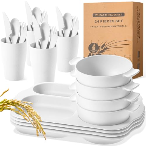 Honoson 24 Pcs Wheat Straw Dinnerware Cutlery Set, Service for 4, Unbreakable Plates and Bowls Set - Divided Plates, Bowls, Spoons, Forks & Knives, Microwave & Dishwasher Safe(White) - color: White