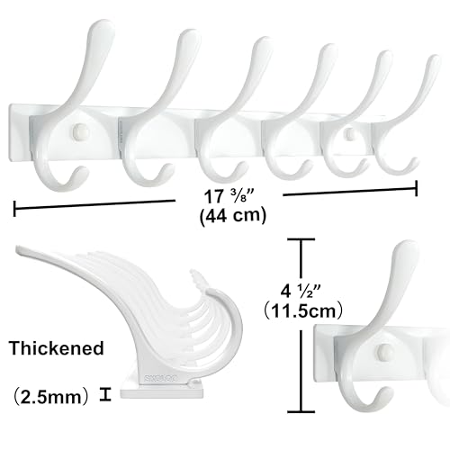 SKOLOO Heavy Duty Wall Mounted Coat Rack - 6 Hooks, Stainless Steel, Pack of 2, Sturdy Coat Hooks for Hanging Clothes, Jacket, Hat, White - color: White, size: 6 Hook(2 Pack)