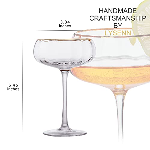 Lysenn Coupe Glasses Set of 4, Vintage Gold Rim Espresso Martini Glass, 9oz | Sturdy Stem, Hand Blown, for Champagne, Martini and Craft Cocktails, Wedding Reception, Dinner Party, Bar Cart, Ideal Gift