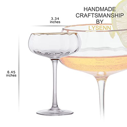 Lysenn Coupe Glasses Set of 4, Vintage Gold Rim Espresso Martini Glass, 9oz | Sturdy Stem, Hand Blown, for Champagne, Martini and Craft Cocktails, Wedding Reception, Dinner Party, Bar Cart, Ideal Gift