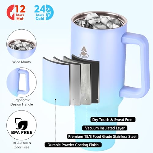 40 oz Tumbler with Handle and Straw or Convert to 40 oz Insulated Water Bottle Fits in Cup Holder. Stainless Steel Metal Water Flask with 2 Lids for Travel,Camping,Gym Sports Coffee Mug Thermal Cup - color: LakeBlue