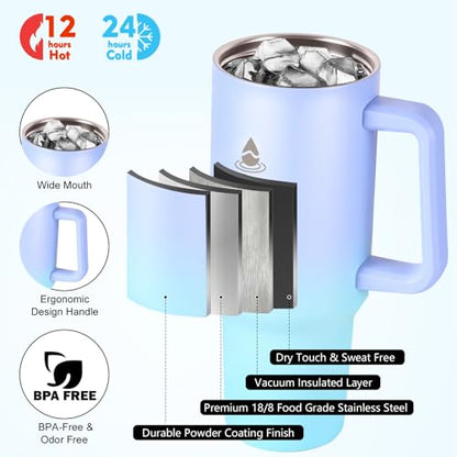 40 oz Tumbler with Handle and Straw or Convert to 40 oz Insulated Water Bottle Fits in Cup Holder. Stainless Steel Metal Water Flask with 2 Lids for Travel,Camping,Gym Sports Coffee Mug Thermal Cup - color: LakeBlue