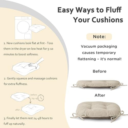 ELFJOY Dining Chair Cushions Set of 2 Non Slip 18"X18"X3" Beige | Thick,Textured Fabric, with Ties, Tufted, Large, for Kitchen, Dining Room, Indoor, Bedroom, Living Room, Office, Comfortable - color: Beige