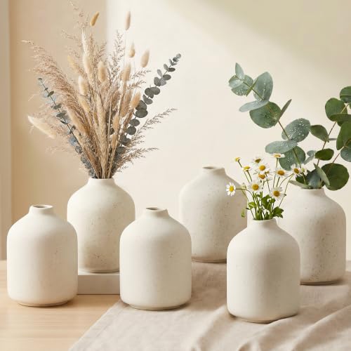 Ceramic Flower Vase Home Decor Small Vase Set of 6 Centerpieces for Tables | Farmhouse Vases Rustic Vintage Living Kitchen Bedroom Decorations for House Book Shelf Office Coffee Desk Dining Fireplace - color: A-3.5"h-beige White