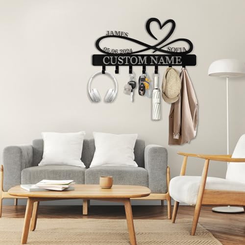 Personalized Metal Infinity Heart Key Hooks, Custom Couple's Name Key Holder Wall Mount, Key Hook Coat Rack, Key Holder Wall Hanging, Love Shape Wedding Housewarming Gift - color: 07 Heart