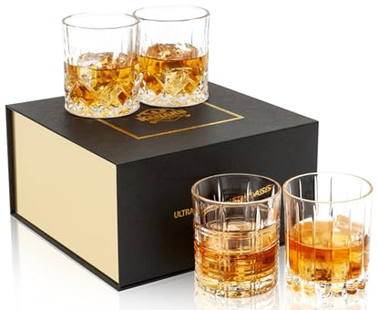 KANARS Old Fashioned Whiskey Glasses 3 Designs Bourbon Glass 10 oz Set | Ultra Clear Crystal Rocks Barware with Luxury Box for Scotch Irish Whisky Rum Cocktail Men Gift - color: Set of 4