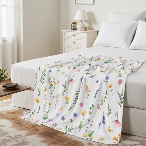 Spring Floral Throw - Colorful Wildflowers Watercolor Botanical Plants Fleece Blanket Soft Warm Cozy Blanket Watercolor Floral Rustic Decorative Blanket for Home Sofa Bedding 50 x 60 Inch - color: Spring Floral, size: 60 x 50 inches