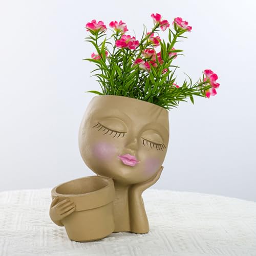 Face Planter Pot, Lady Head Planter with Drainage Holes, Khaki | Dual-compartment lady head planter with drainage holes for succulents, cactus, and air plants - color: Khaki