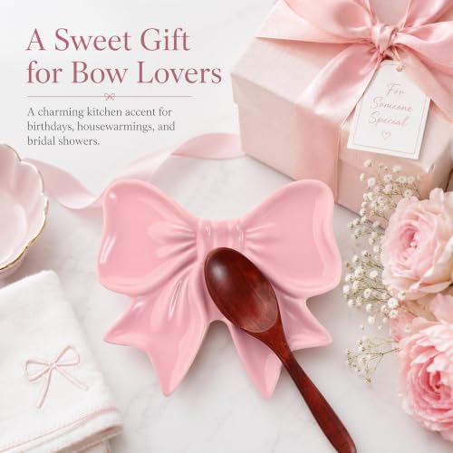 Pink Bow Spoon Rest for Stove Top, Cute Ceramic Spoon Holder | Kitchen Countertop, Coquette Utensil Rest, Sweet Kitchen Decoration, Women Cooking, Housewarming Gift, 5.3 x 4.5 Inches - style: Bow