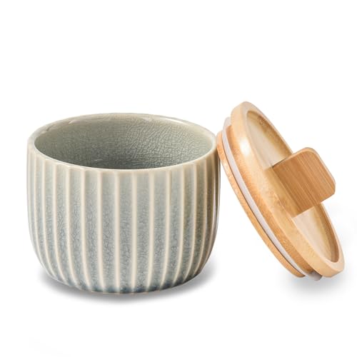 Salt Cellar Keeper with Bamboo Lid, 14oz Big Capacity Ceramic Sugar Bowls Pepper Box, Crackle Glaze Seasoning Container Condiment Pot for Kitchen (Grey Color) - color: Gray