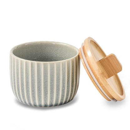 Salt Cellar Keeper with Bamboo Lid, 14oz Big Capacity Ceramic Sugar Bowls Pepper Box, Crackle Glaze Seasoning Container Condiment Pot for Kitchen (Grey Color) - color: Gray