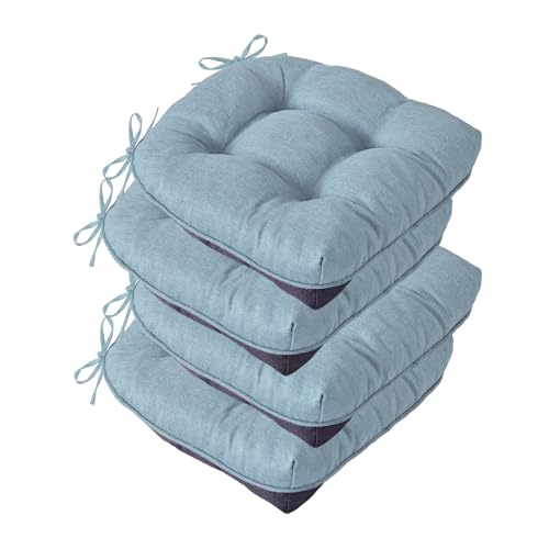IASEAHK Chair Cushions for Dining Chairs, Seat Cushions for Kitchen Chairs, Indoor Seat Cushions with Ties, Tufted Foam Chair Pads, Non Slip Chair Cushions Set of 4, 15.5" x 15.5" x 4", Light Blue - color: Light Blue, size: Pack of 4