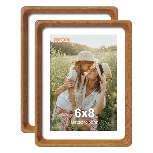 6x8 Picture Frame Set of 2, Natural Teak Wood Solid Wood 6 by 8 Photo Frames with 5x7 Mat with Real Glass for Wall and Tabletop Display - color: Natural Teak, size: 6x8-2Pack