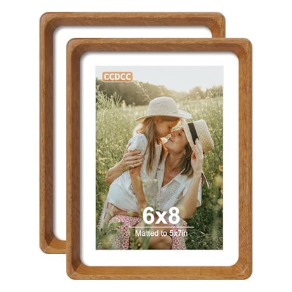 6x8 Picture Frame Set of 2, Natural Teak Wood Solid Wood 6 by 8 Photo Frames with 5x7 Mat with Real Glass for Wall and Tabletop Display - color: Natural Teak, size: 6x8-2Pack