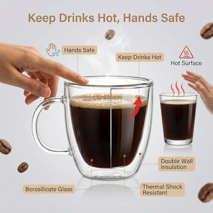 Double Wall Glass Coffee Mugs 5oz / 150ml, Set of 2 Insulated Mugs with Handles, Stylish Tazas de Cafe Con Estilo