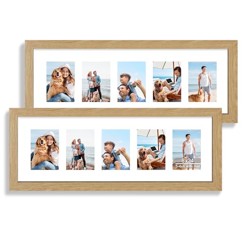 Hongkee 8x24 Picture Frame 2 Pack, Natural Oak Wood Frame with Tempered Glass, Display Pictures Multiple Five 4x6 With Mat or 8 x 24 Without Mat - Horizontal or Vertical Wall Mounting - color: Natural Oak, size: 8x24 in matted to 5-4x6