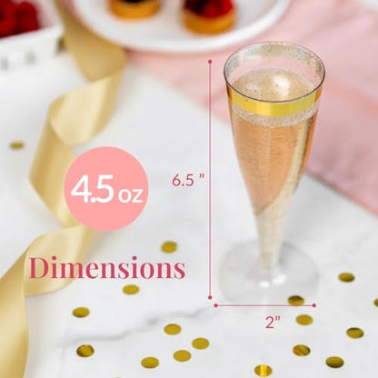 Prestee 48 Disposable Plastic Champagne Flutes With Gold Rim Glitter - Clear Toasting Glasses for Mimosa, New Year’s Eve Party, and Elegant Celebrations - Premium Quality Disposable Stemware - color: Gold Rimmed, size: 48 Count (Pack of 1)
