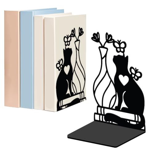 WADORN 1 Pair Cute Cat Flower Metal Decorative Bookend for Shelves, Heavy Duty Book Ends Modern Non-Skid Books Holder Stand Black Book Support Stoppers for Desk Bookshelf Office Home, 5.3x4.3x7.9 Inch - color: Vase Cat Flower