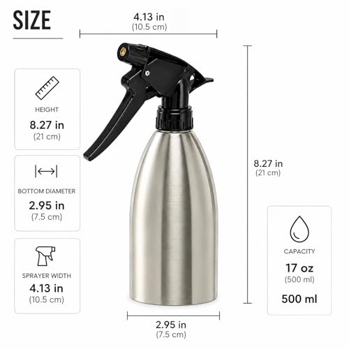 304 Stainless Steel Plant Spray Bottle 500ml, 16oz Refillable Garden Mister for Indoor Plants, Leaf Cleaning & Humidity Control, Durable Metal Spray Bottle for Gardening, Hair, Cleaning