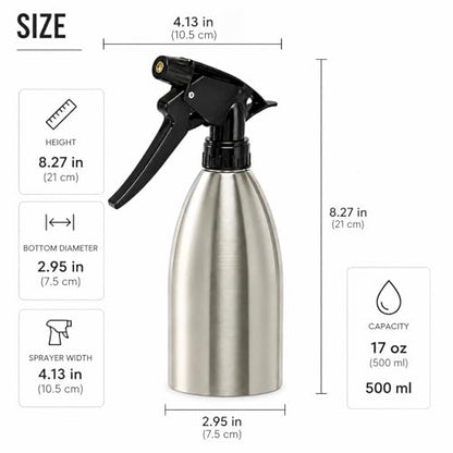 304 Stainless Steel Plant Spray Bottle 500ml, 16oz Refillable Garden Mister for Indoor Plants, Leaf Cleaning & Humidity Control, Durable Metal Spray Bottle for Gardening, Hair, Cleaning