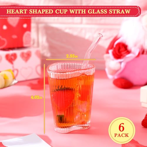 Skylety 6 Sets Heart Shaped Glass Tumbler with Straw Cute Drinking Cup Shot Glass for Juice Beer Cocktail Whiskey Summer Drinkware for Party Home Bar Club Restaurant Supplies, 5 oz(Vertical Stripes) - style: Vertical Stripes