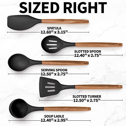 Zulay Kitchen 5 Piece Silicone Utensil Set | Non-Stick Silicone Cooking Utensils Set with Acacia Wood Handles - 464°F Heat Resistance Kitchen Utensils Set - Black - color: Black, size: 5-Piece Set