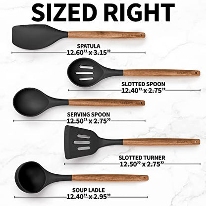 Zulay Kitchen 5 Piece Silicone Utensil Set | Non-Stick Silicone Cooking Utensils Set with Acacia Wood Handles - 464°F Heat Resistance Kitchen Utensils Set - Black - color: Black, size: 5-Piece Set