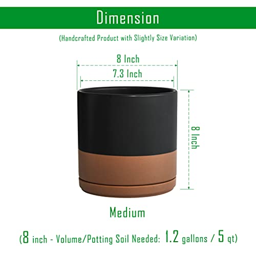 D'vine Dev 8 Inch Ceramic Planter Pot, Black/Tan, 94-O-D-7 | Modern Cylinder Design, Drainage Hole & Saucer Included, Stable Structure, Elegant Home Accent - color: Black/Speckled Tan, size: Medium