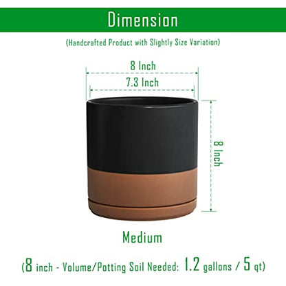 D'vine Dev 8 Inch Ceramic Planter Pot, Black/Tan, 94-O-D-7 | Modern Cylinder Design, Drainage Hole & Saucer Included, Stable Structure, Elegant Home Accent - color: Black/Speckled Tan, size: Medium