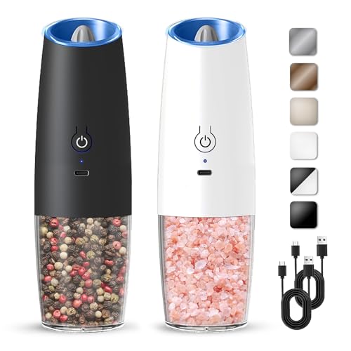Rechargeable Gravity Salt Pepper Grinder Set, 2 Pack(Black&White) | Gravity Automatic Grinder With LED Light & Adjustable Roughness, Rechargeable Seasoning Tool For Kitchen Use - color: Rechargeable/Set/Black+White