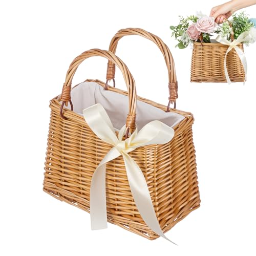 Sewroro Rattan Woven Flower Basket with Handle Small Basket Purse for Wedding Party Proposal Home Decor Storage for Flowers and Dried Flowers 10.82 X 9.05 X 5.11 in - color: White