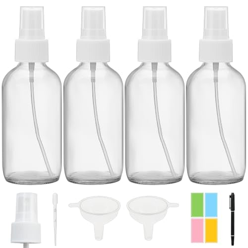 Clear Glass Spray Bottles 4 oz, Small, Fine Mist, 4 Pack | For Essential Oils, Facial Care, Hair Care, Perfumes, Plants, Room Sprays, Travel, Cleaning Solutions