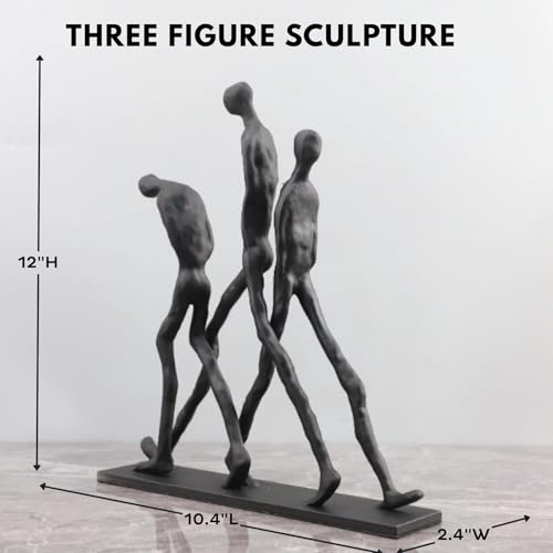 Abstract Three Figures Sculpture Cast Iron – Giacometti Style Walking Trio Statue, Modern Art Home Decor, Minimalist Human Figure Figurine for Living Room Office Shelf – Friendship Brotherhood Gift - style: Three walking man