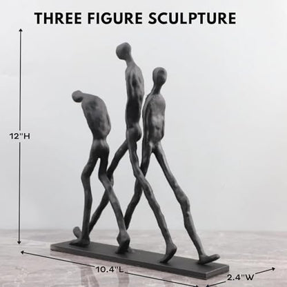 Abstract Three Figures Sculpture Cast Iron – Giacometti Style Walking Trio Statue, Modern Art Home Decor, Minimalist Human Figure Figurine for Living Room Office Shelf – Friendship Brotherhood Gift - style: Three walking man