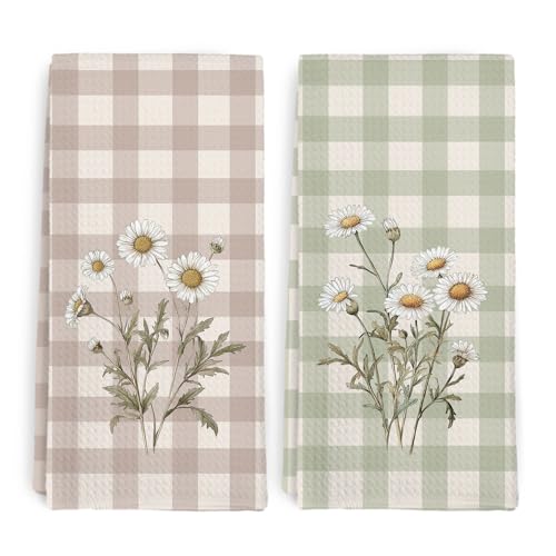 Preppy Daisy Kitchen Towel and Dish Towel Set of 2, Farmhouse Spring Floral Decor Hand Towels, Pink and Green Checked Decorative Hand Dish Tea Towels for Nursery Bathroom Kitchen, 16x24 Inch - color: Spring Floral