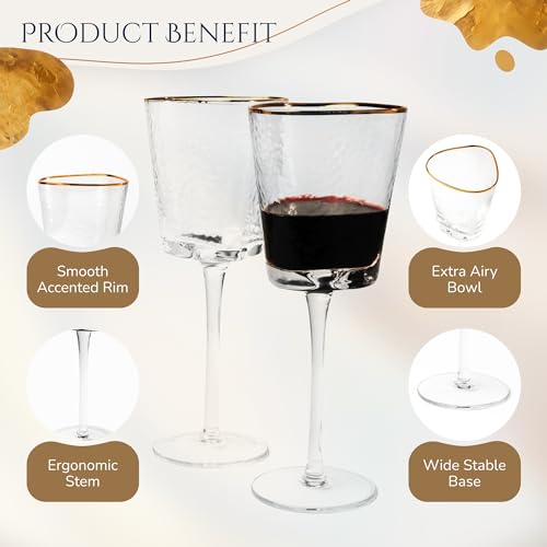 Bec's Designs Wine Glasses Set of 4, 10oz Handblown, Hammered, Gold Rim | Unique triangular wine glass design creates elegant stemware for serving red wine, white wine & champagne.
