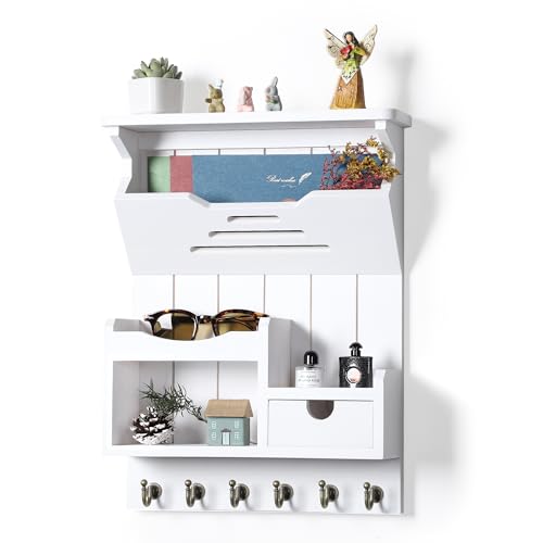 DOPACE Handcrafted Pine Wood Mail Organizer & Key Holder, White | Hand-polished natural pine wood with storage drawer & 6 hooks, Fine spray paint finish, Easy wall mount - color: White
