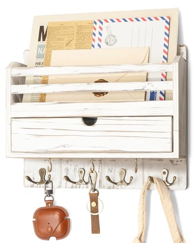 Rebee Vision Mail Organizer Wall Mount with Drawer for Entryway, Whitewash | Key and Mail Holder for Wall, 7 Key Hooks, Drawer Storage, Mail Sorter, Key Hanger Home Organization, Apartment Essentials - color: Whitewash