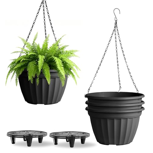 FGstyle Hanging Planters 10 Inch 4 Pack,Hanging Baskets for Plants Outdoor | Self Watering Plastic Hanging Flower Pots with Soil Elevator and 20" Chain for Home Garden Porch Balcony Patio Decor(Black) - color: Black, size: 10 inch-4 pack
