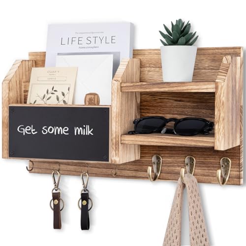 Lwenki Mail and Key Holder – Wall Mount Key Hanger with Shelf and 7 Metal Hooks – Decorative Natural Paulownia Wood Entryway Organizer with Mounting Hardware (16.5”W x 8.7”H x 3.5”D) (Wood) - color: Wood