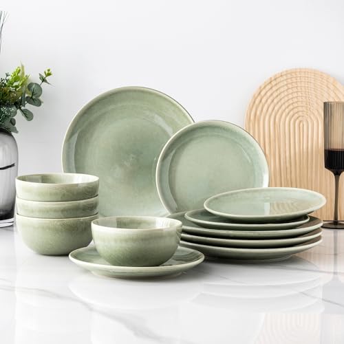 AmorArc Ceramic Dinnerware Sets for 4, 12 Pieces Handpainted Plates and Bowls Set, Scratch Resistant Stoneware Dishes Set, Dishwasher & Microwave Safe, Olive Green - color: Olive Green, size: Service for 4