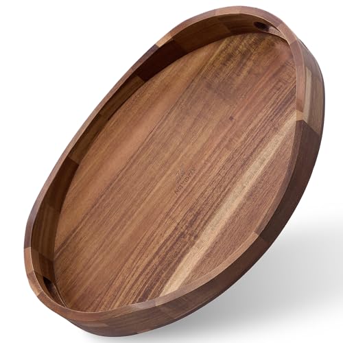 Acacia Wood Serving Tray with Handles - 17'' x 13'' Round, Decorative Ottoman Trays for Breakfast, Home Decor, Tea Party, Coffee Table, Candle Display, Kitchen Counter Board