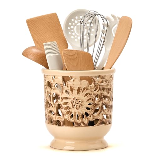 Farmhouse Kitchen Utensil Holder for Countertop, Ceramic Large Cooking Utensil Crock with Cork Mat, Decorative Rustic Utensil Holder for Kitchen Counter, Hollow Carving Flower, Beige | 6.9" Large Cooking Utensil Crock for Countertop, Decorative Rustic Ute