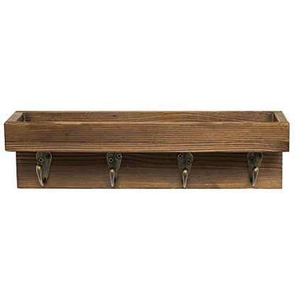 MyGift 10 Inch Brown Wood Wall Mounted Floating Shelf Key Rack with 4 Hooks | Four Metal Hooks, Space Saving Storage, Entryway Organization, Rustic Accent, Keys Mail Accessories Display - color: Dark Brown