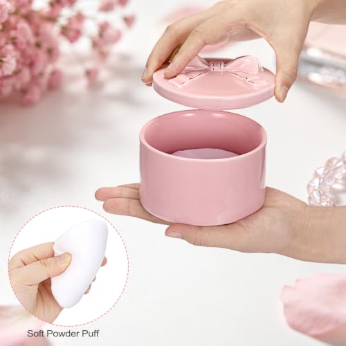 ELLDOO Body Powder Puff and Container, Wedding Bridal Shower Gifts (Pink) | Ceramic Loose Dusting Powder Storage Box with 2pcs Powder Puffs for Baby Women, Jewelry Trinket Box with Bow Lid - color: Pink