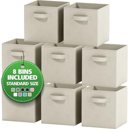 Set of 8 Foldable Fabric Storage Cube Bins | Collapsible Cloth Organizer Baskets Containers | Folding Nursery Closet Drawer | Features Dual Handles | More Beautiful Colors Available (Beige) - color: Beige