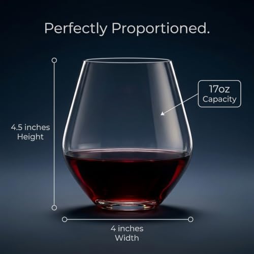 Godinger Wine Glasses, Stemless Wine Glasses, Red Wine Drinking Glasses, Stemless Wine Glass - 17oz, Set of 4 - Made in Europe - color: A Clear