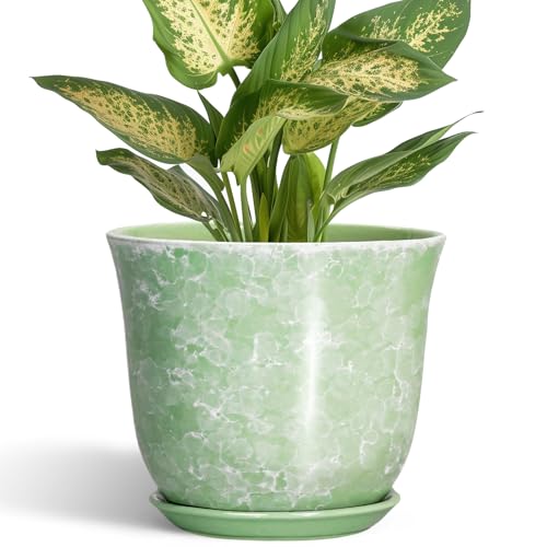 Ceramic Plant Pots - 5.6 Inch Plant Pot with Drainage Hole and Saucer, Round Orchid Succulent Pots for Indoor Outdoor, Small Modern Planter, Desk Window Room Decor, Green - color: Gemstone Apple Green, size: 6 Inch