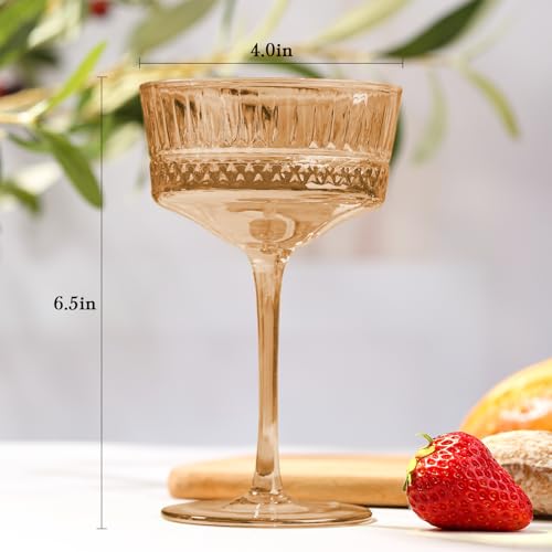 Amber Coupe Cocktail Glasses set of 6 - Ribbed Coupe Cocktail Glasses 9oz, Unique Cocktail Glass for Bar, Martini, Impressive Cocktail Party Glasses - color: Amber