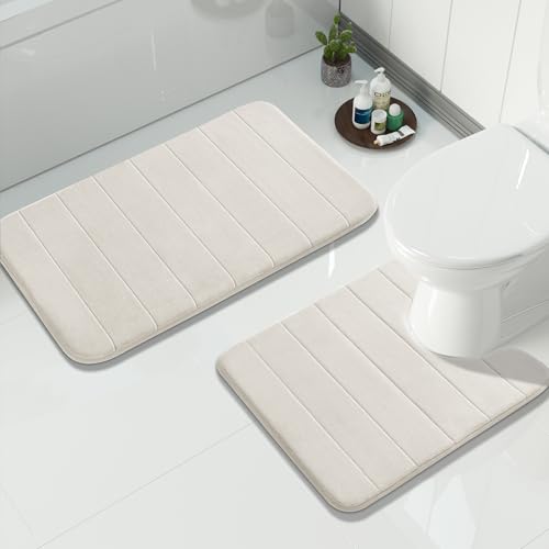 Yimobra Memory Foam Bath Mat Set 2 Piece - Super Soft Absorbent Quick Dry Bathroom Toilet Rugs, Machine Washable Non Slip Floor Carpet for Tub Shower & Single Sink (31.5x20 & 24x20, Cream White) - color: Cream White, size: 31.5x20+24x20 Inch